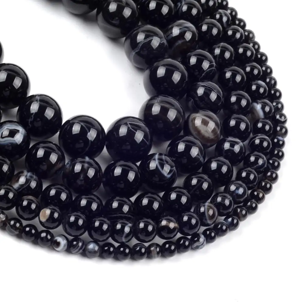 Natural Black Striped Agates Stone Beads Round Loose Spacer Beads For Jewelry Making 4/6/8/10/12mm DIY Bracelet Handmade