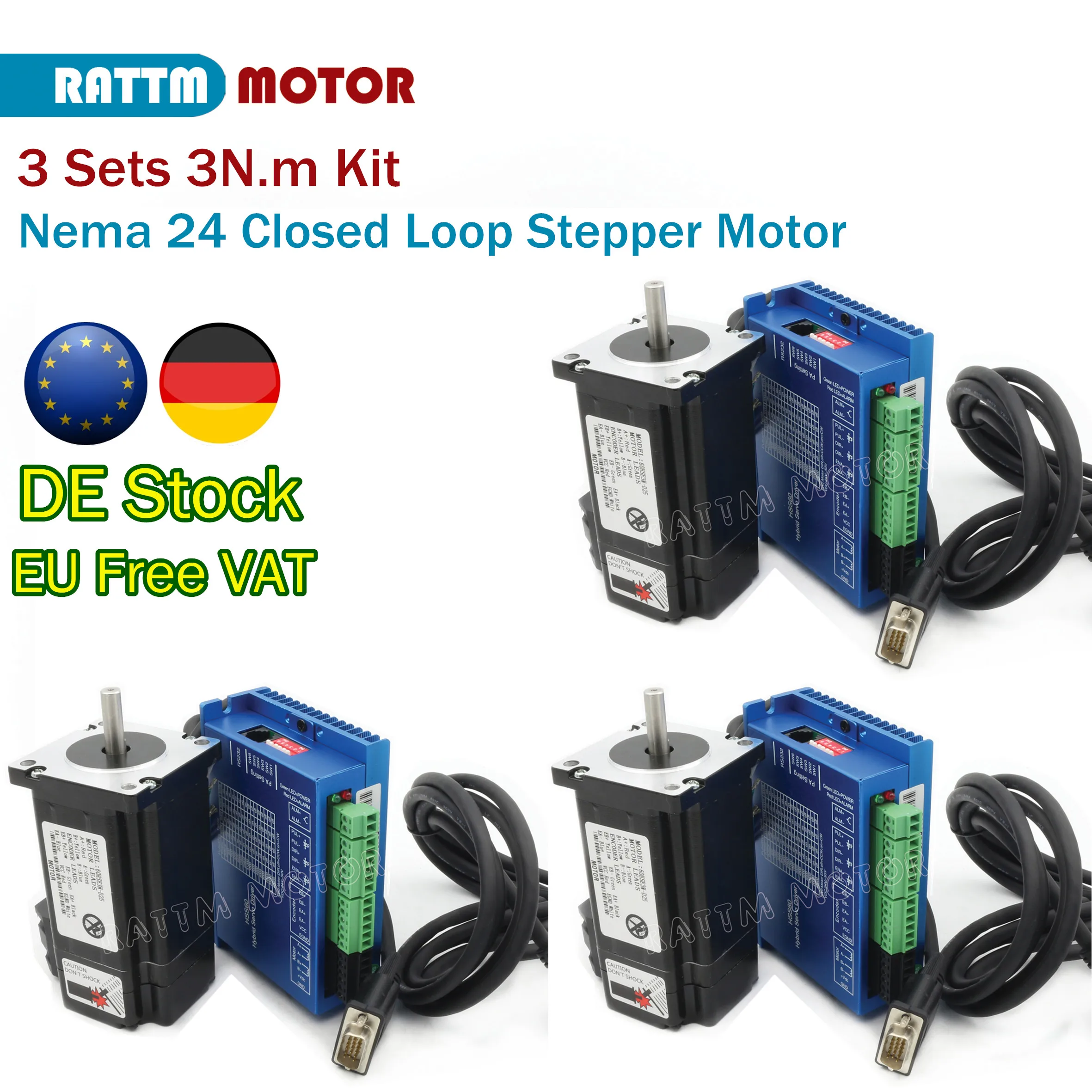 【EU Free VAT】3 Sets 3N.m Kit Nema 24 Closed Loop Stepper Motor 2-Phase 30kg.cm & HSS60 Hybrid Servo Driver 5A 200Khz+2M Wire