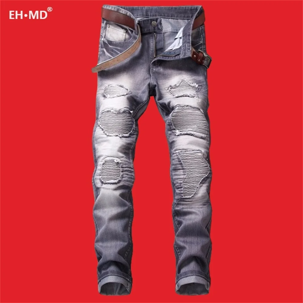 EH · MD® High Elastic Bleached Gray Jeans Men's Wavy Wrinkled Hole Patch Cotton Soft Small Straight High Street Slim Pants 2020