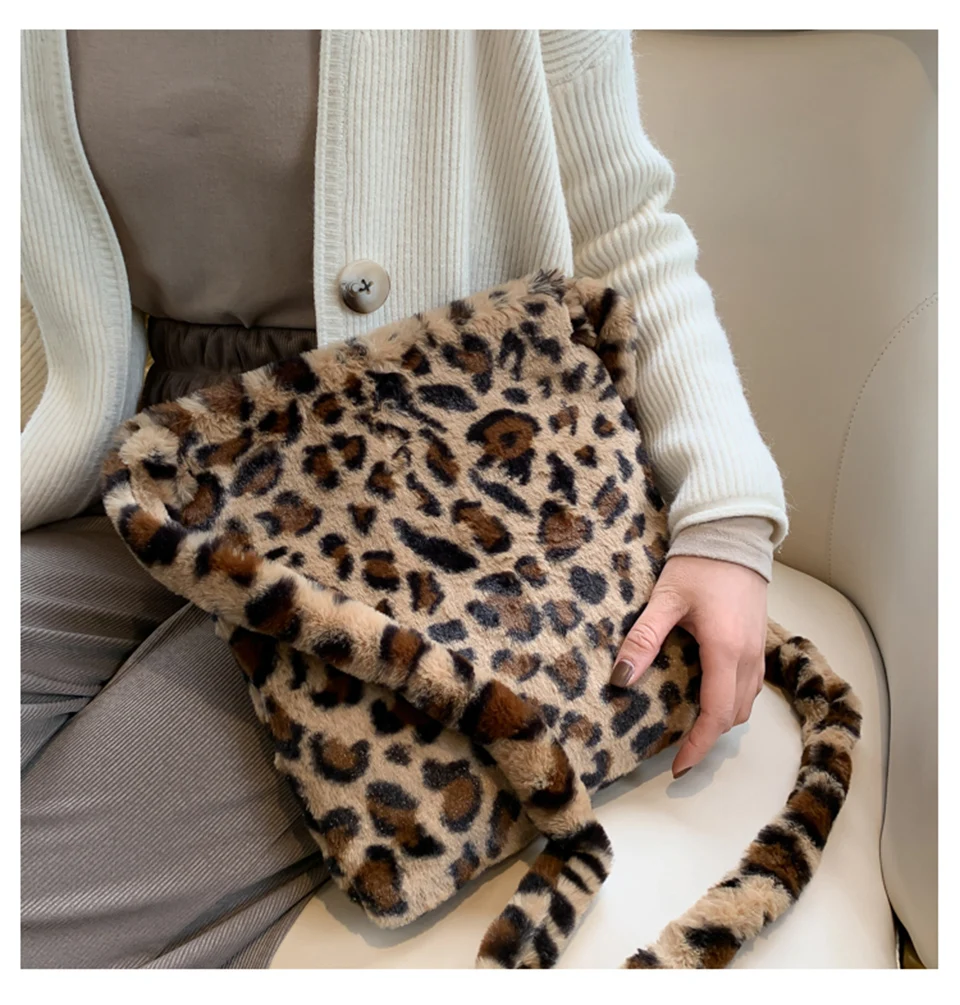 Leopard Print Shoulder Women Bag Winter 2020 Soft Faux Fur Ladies Hand Bags Casual Fluffy Crossbody Messenger Bag Bolsa Feminina