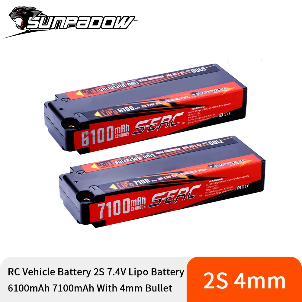 Sunpadow 7.4V 2S Lipo Battery 70C 6100mAh 7100mAh Hard Case with 4mm Bullet for RC Vehicles Car Truck Tank Buggy Truggy Racing