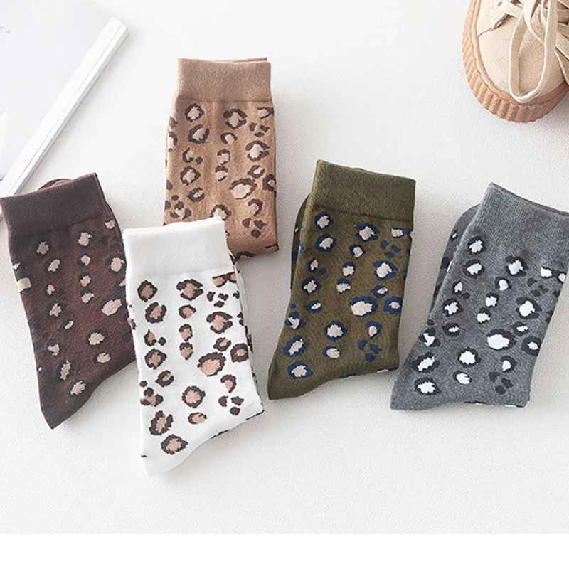 5Pairs Fashion Women Socks Leopard Print Spring Autumn High Street Popular Cute Socks Sexy Wild Trendy Animal Long Warm Sokken