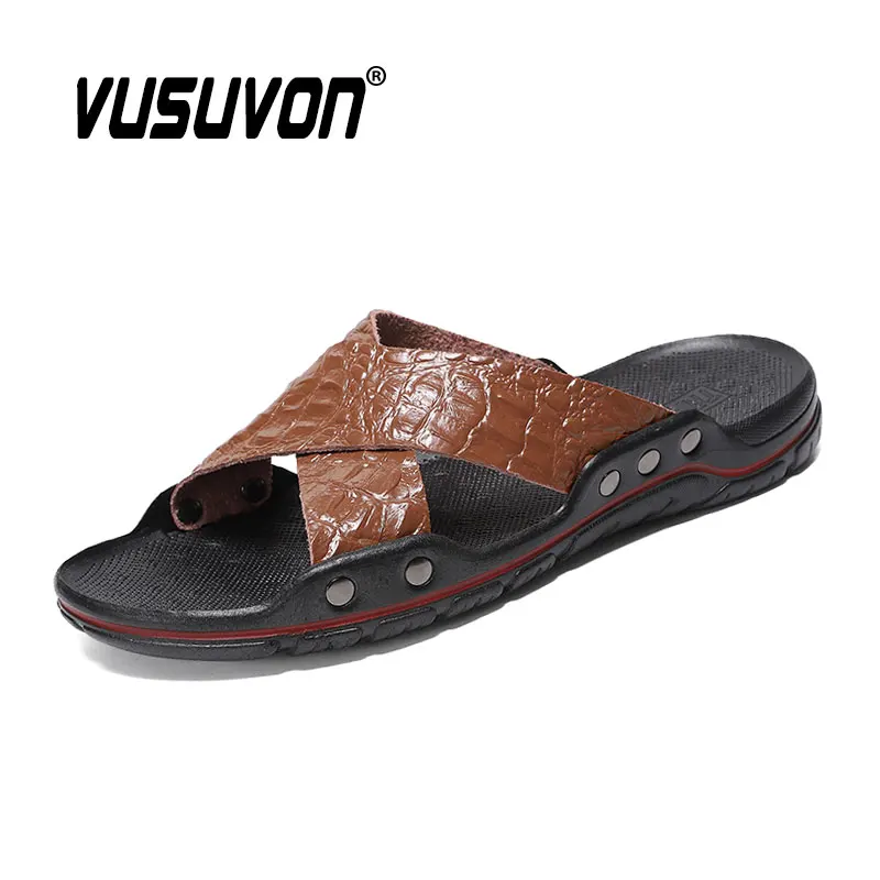 New Fashion Casual Men Shoe Flats Summer Slides Outside Sandals Beach Work Slippers Soft Genuine Leather Flip Flop Size 38-48