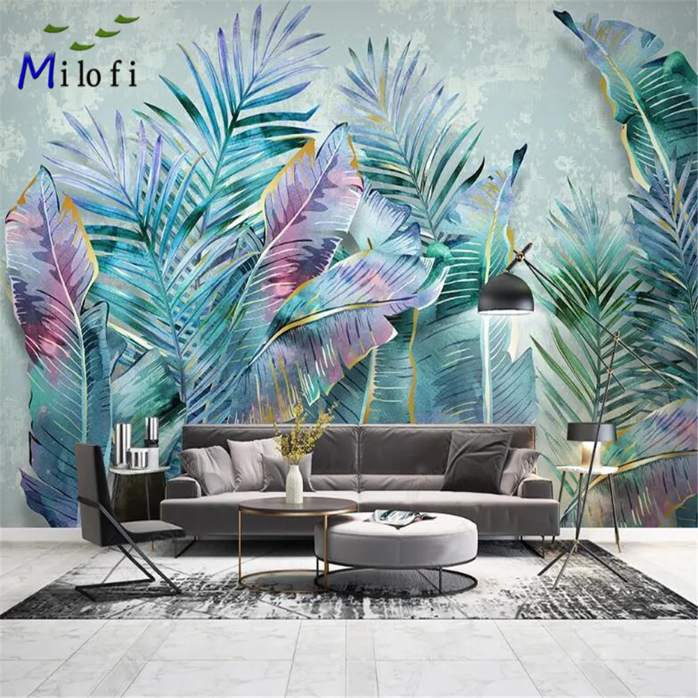 

Milofi custom large 3D wallpaper mural hand-painted Nordic tropical plant leaves modern minimalist TV sofa background wall