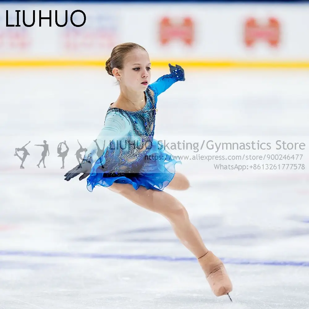 LIUHUO-Vestido de patinação no gelo para meninas, saia azul do Spandex, collant ginástica, vestido de patinação artística para adolescentes