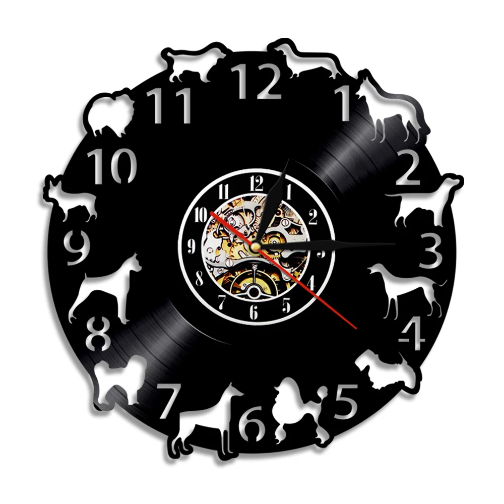 Different Dog Breeds Vinyl Album Re-purposed Record Clock Album Music Record Laser Cut Wall Clock Retro Puppy Home Decor Watch