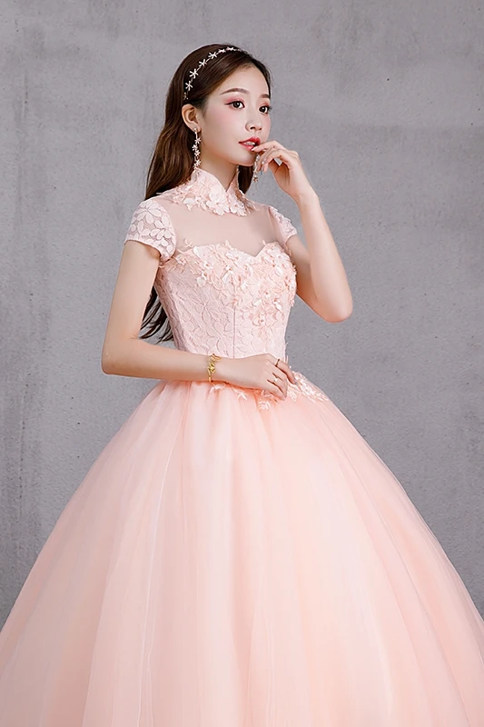 Vestido De quinceañera De tul para fiesta, traje De fiesta con apliques De 15 años, cuello alto, Rosa dulce, 2022