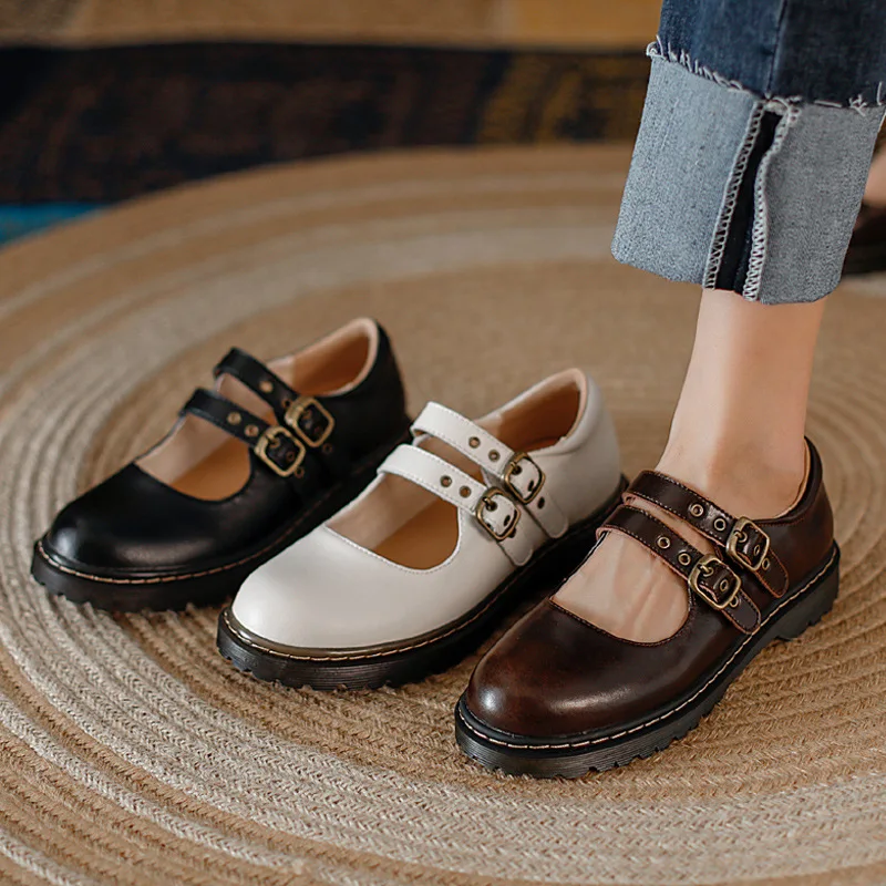 Brown Leather Vintage Nostalgia Buckle Platform Mary Janes Shoes Women Shallow Student  Thick Bottom Cowhide Black Loafers