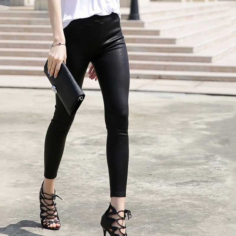 Quality High Luxury Womens Black Skinny Pants Fashion Stretchy Genuine Leather Trousers Female Streetwear Slim Fit Pencil Pants