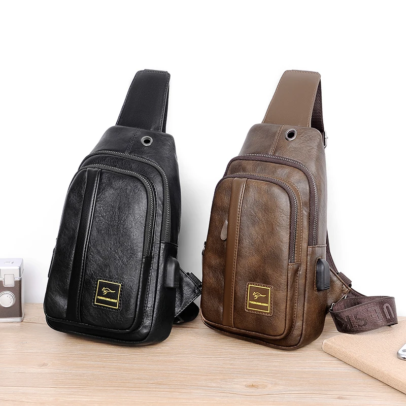 Kangaroo Luxury Brand Chest Bag Men Crossbody Bag Leather Chest Bag USB Charging Travel Sling Shoulder Bag Messenger Bag Male