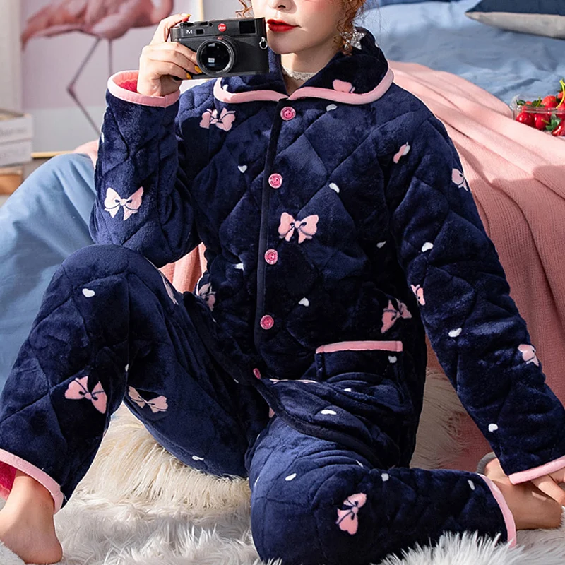 Winter Warm Women\'s Pajamas Suit Thick Velvet Button Pajama Woman Sets Sleepwear Nightwear 2Pcs Home Clothes Nightgowns Female