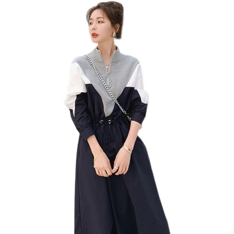 LANMREM 2024 Spring Korean Style Long-sleeved Mid-length Fashion Design Contrast Color Drawstring Stitching Dresses Female 2W144