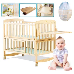 Beedome Pine Baby Crib With Shelf, Can Extend To 1.4Meter Kids Bed, Rocking Cradle Have 4 Wheels