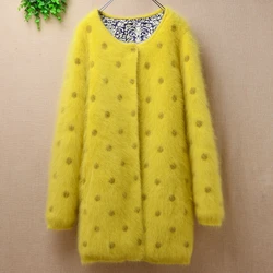 2020 women female thick warm medium long yellow mink cashmere knitted dot long sleeves slim cardigans angora fur jacket coat top