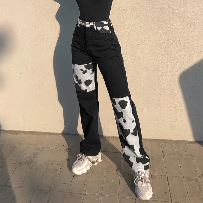 

Cow Print Jean Pant Women Fashion Patchwork High Waist Straight Leg Jeans Blue And Black Casual Trousers Denim Streetwear