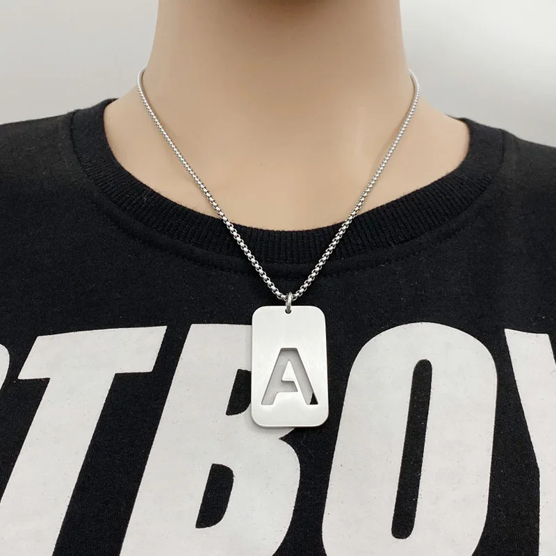 Military Army Necklace Men Letter Necklaces for Women Stainless Steel Silver color A-Z Letters Dog Tag English Font Collier 55cm