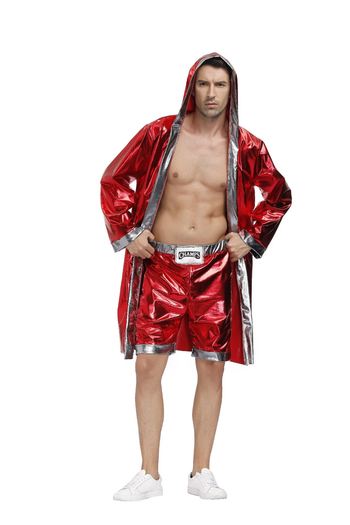 Mens Red Boxer Costume Hooded Cloak Robe Crop with Shorts Movie Boxing Robe Clothes Halloween Cosplay Uniform for Male