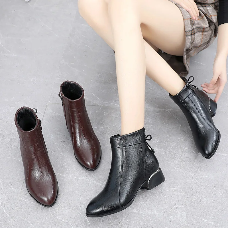 GKTINOO New Ankle Boots Women Pointed Toe Thick Heels Genuine Leather Shoes Short Boots Soft Sole Footwear Plus Size 35-43