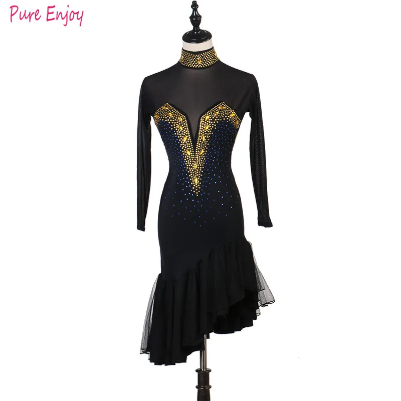 Competition Ladies Latin Dancing Dresses Black Long Sleeve Skirt Female Stage Professional Chacha Ballroom Garments