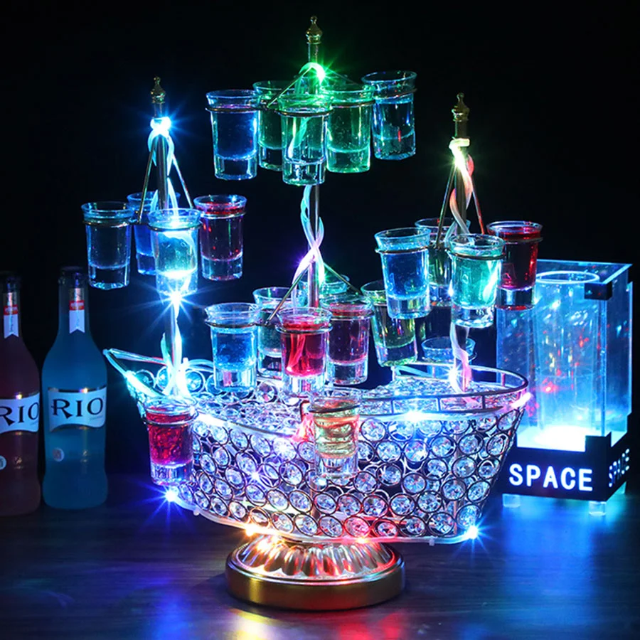 LED Rechargeable Boat Shape Wine Holder 24 Hole Cocktail Cup Tray Stand VIP Service Shot Glass Display Wine Glass Rack Decor