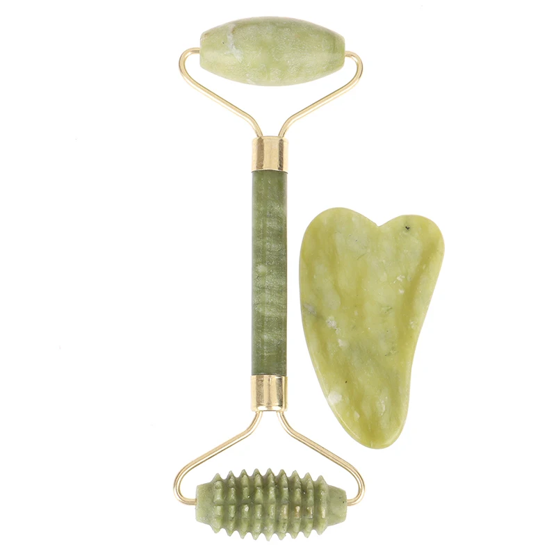 2PCS/Set Natural Jade Roller Facial Massager Stone Face Roller Guasha Massage Board Guasha Tool Jade Roller Guasha Massage Board