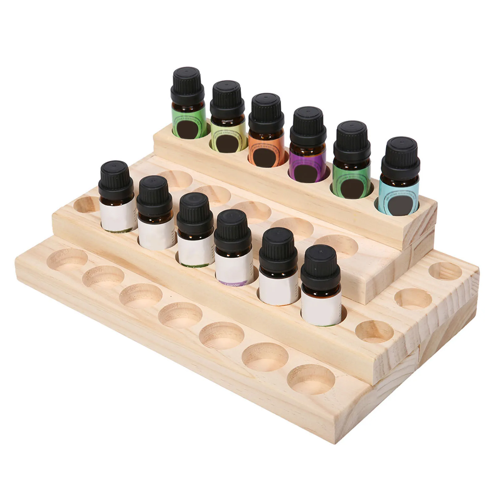 Caja de almacenamiento de aceite esencial, estante de madera de 4 niveles con 30 ranuras, organizador de botellas, soporte de exhibición de aceite esencial