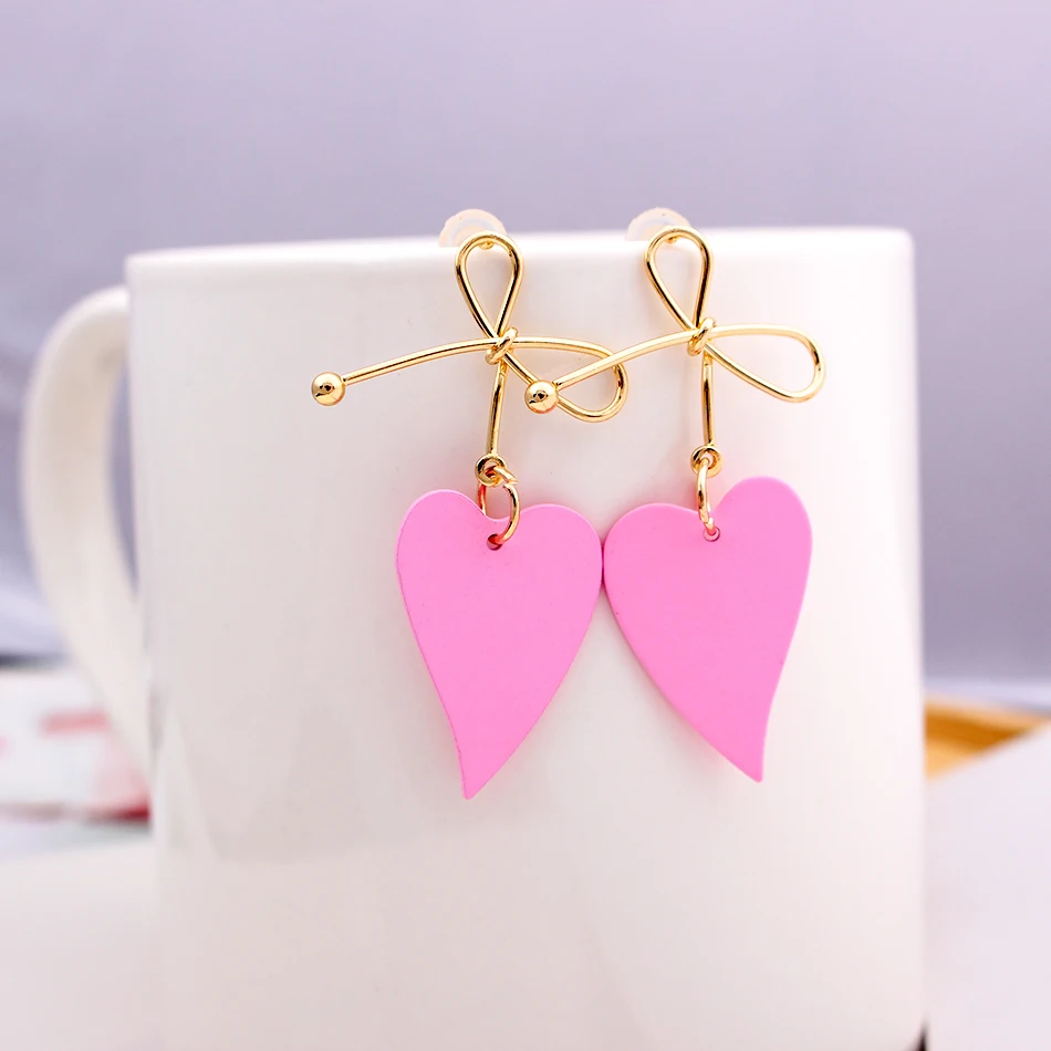 Women Heart Drop Earrings for Party Jewelry Vintage Gold Color Metal Bow Knot Earrings Geometric Female Brincos New Fashion