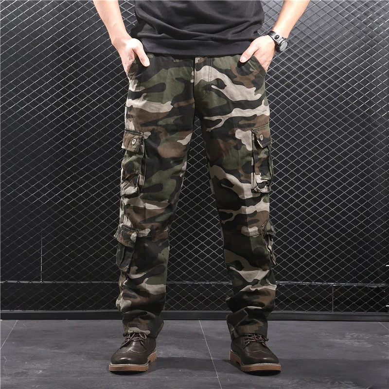 Men\'s Camouflage Baggy Cargo Pants Male Army Tactical Full Length Casual Long Trousers Loose Straight Pants Plus Size 44