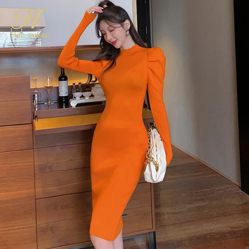 H Han Queen Autumn Long Sleeve Puff Sleeve Sweater Knit Dress Bottoming Simple Office Female Bottoming Pencil Knitted Vestidos