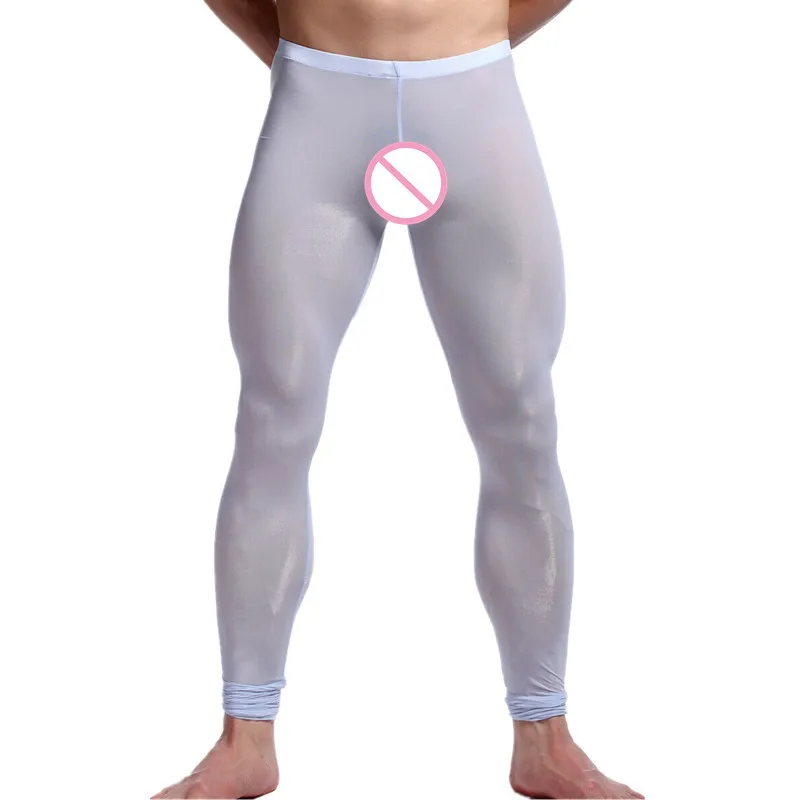 Sexy Mens Homme Long Johns See Through Tight Leggings Trousers Ice Silk Seamless Underwear Bulge Pouch Sleep Bottoms Male Pants