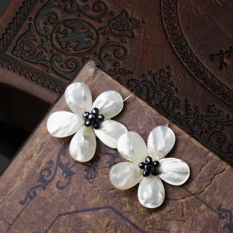 White Sea Shell Flower Earrings Handmade Dangle For Women