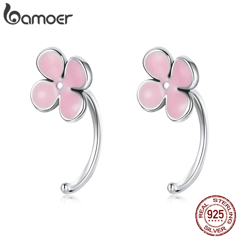 

bamoer Pink Flower Ear Hook 925 Sterling Silver Mini Flower Stud Earrings Piercing for Women Fine Jewelry Party Gift