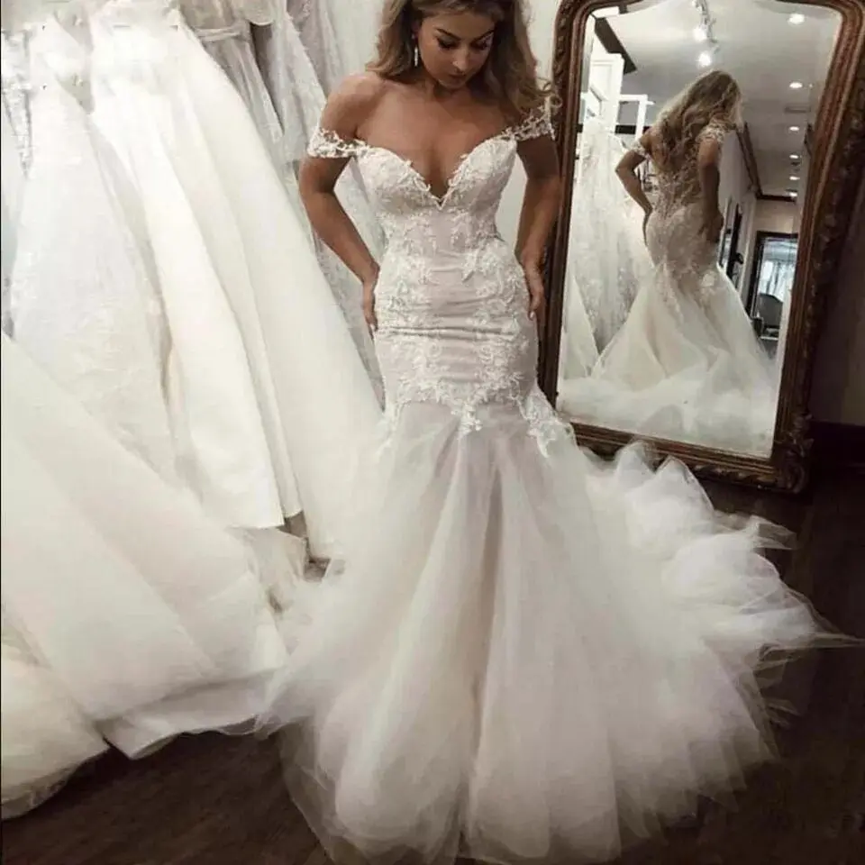 2022 sirena vestido de boda para las mujeres el hombro suave tul con encaje apliques vestido de novia con tren Sexy espalda abierta 5,0