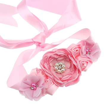 レディースエレガントなサテンフラワーサッシュ手作りビーズウエストバンドブライダルリボンカマーバンドウェディングドレスウエストベルト