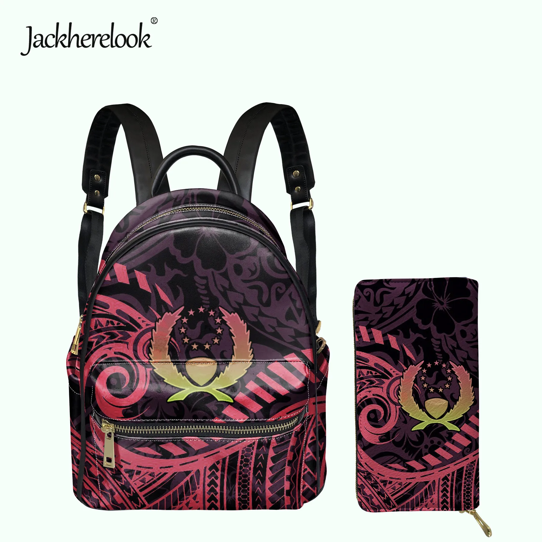 Jackherelook Pohnpei Polynesian Pattern Women Backpack Clutch Wallet 2pcs/Set Girl's Small Schoolbag Satchel Female Bag Mochila