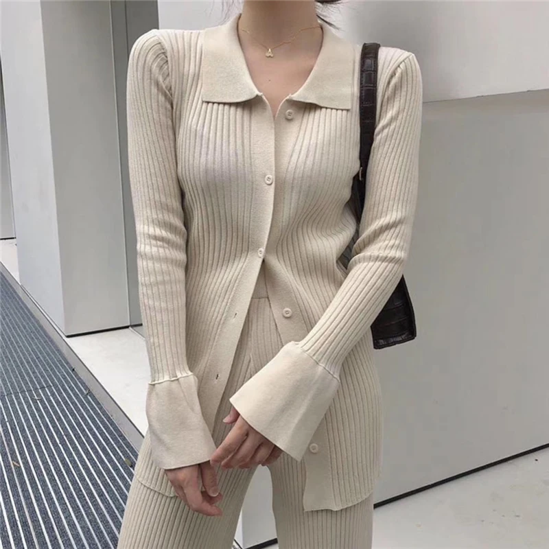 Knitted Cardigan Two Piece Sets Women Slim Sweater Suits Casual Solid Tops Female Fleece Pants Suits Fashion Streetwear Outfits