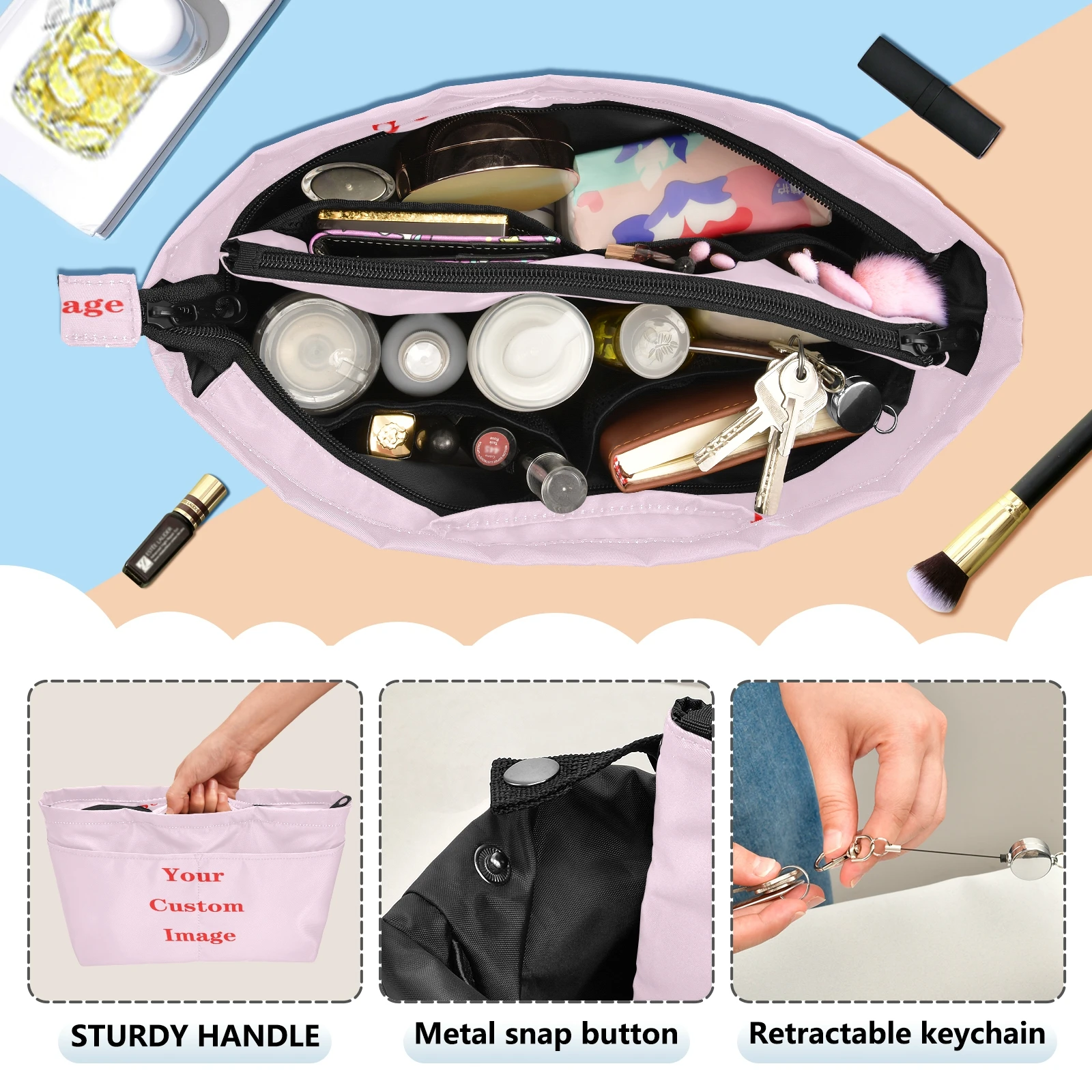 Tote Cosmetische Tas Voor Vrouwen Rits Organisator Custom Patroon Handtassen Insert Liner Purse Grote Schoonheid Meerdere Zakken Tidy Pouch