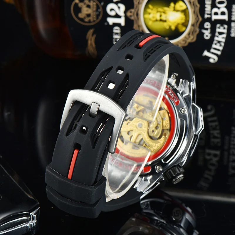 Luxury Automatic Mechanical Watch Men\'s Hollow Self-Wind Silicone Strap Round Large Dial Watch Military Sport Male Clock Relogio