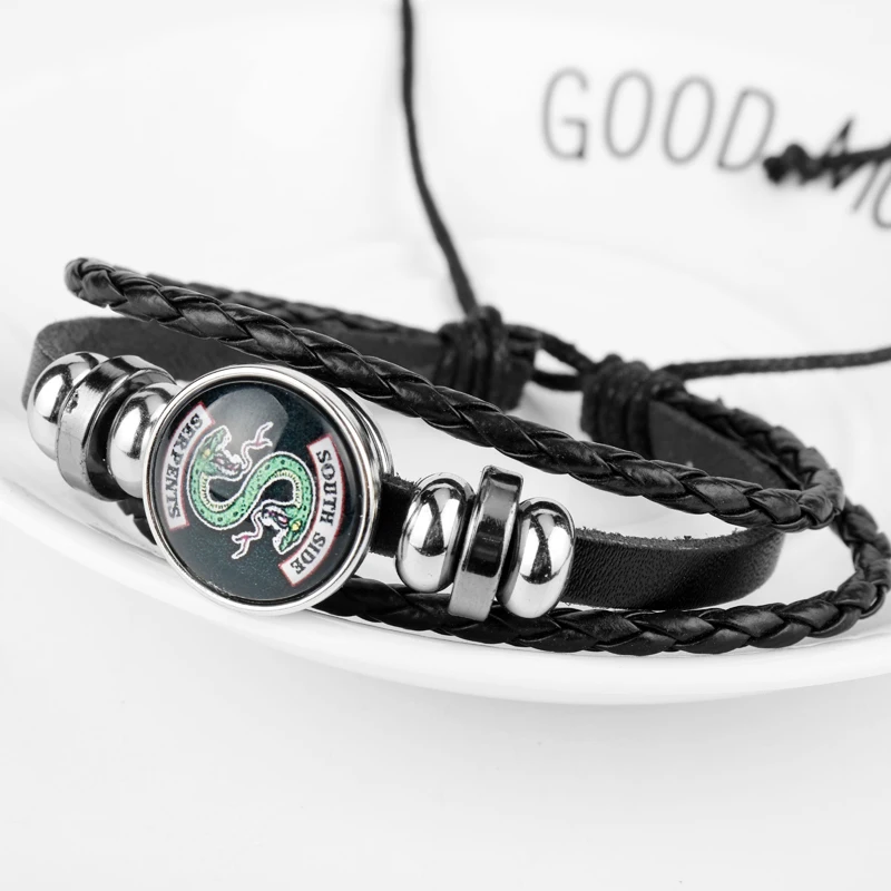 TV Jewelry Riverdale South Side Serpents Hat Black Multi Layer   Leather Bracelet Glass Dome Button Snaps Bracelet Adjustable