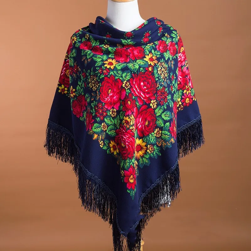 Bufanda cuadrada nacional rusa para mujer, chal de algodón con estampado de flores de gran tamaño, Fular Retro con flecos para invierno