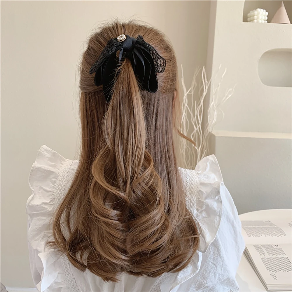 Elegant Korea lace Pearl Hollow Ponytail Clip vertical clip hair accessories Bow Banana Clip