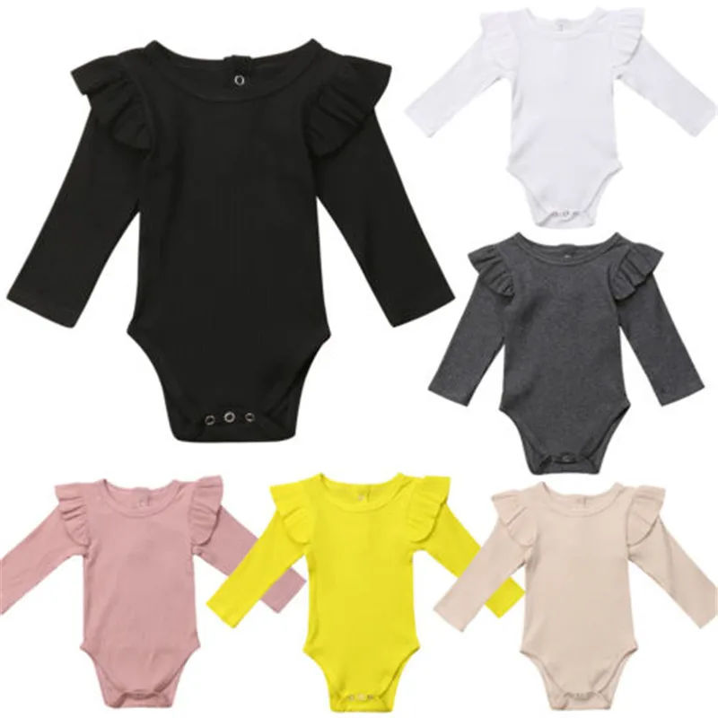 0-24M Newborn Jumpsuit Baby Boy Long Sleeve Romper Cotton Ruffled Solid Beige White Black Pink Playsuit For Infant Girls