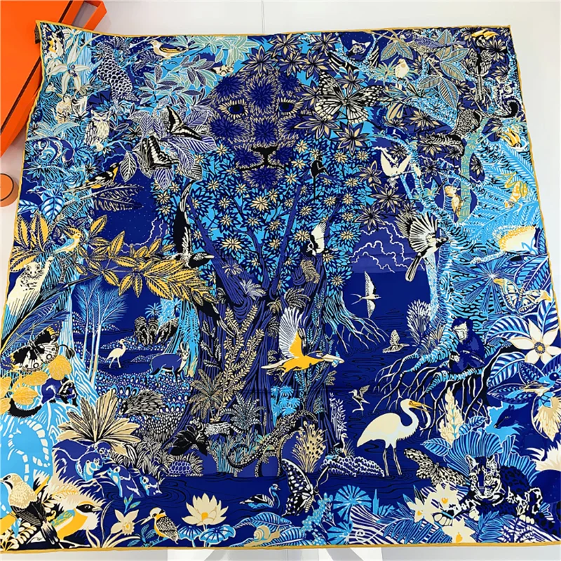 POBING Manual Hand Rolled Twill Silk Scarf Women Animals Forest Square Scarves Echarpes Foulards Femme Wrap Bandana Hijab 90CM