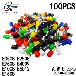 100pcs/Pack E0508 E7508 E1008 E1508 E2508 Insulated Ferrules Terminal Block Cord End Wire Connector Electrical Crimp Terminator