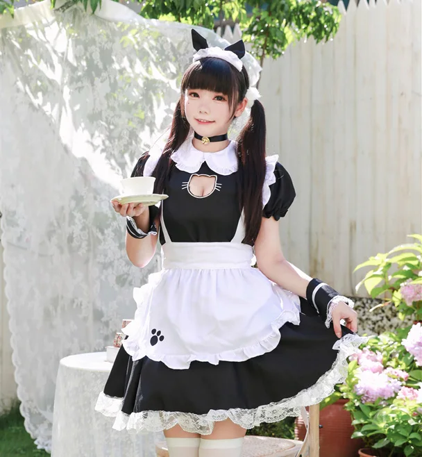 Black Cute Cat Lolita Maid Dress Costumes Cosplay Suit for Girls Woman Waitress Maid Party Stage Costumes