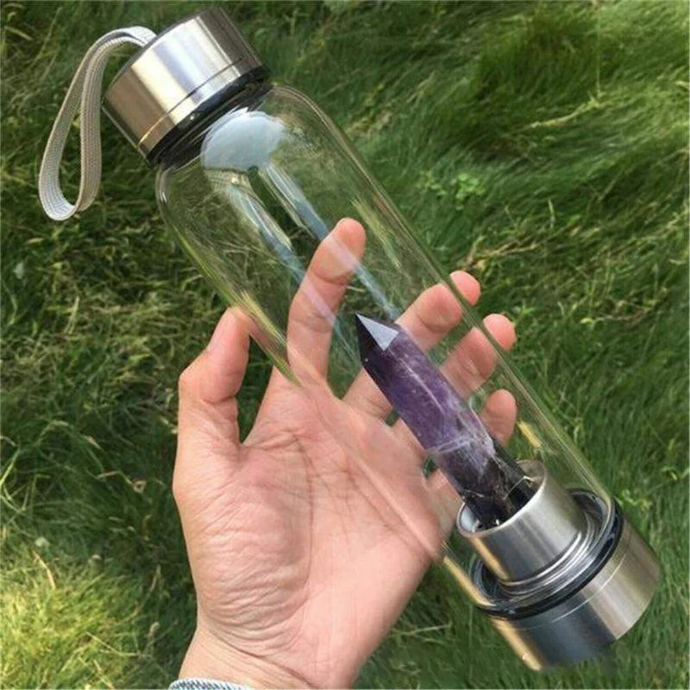 

550ml Natural Crystal Column Gemstone Energy Healing Glass Water Bottle Cup Drinkware Glass Water Cup