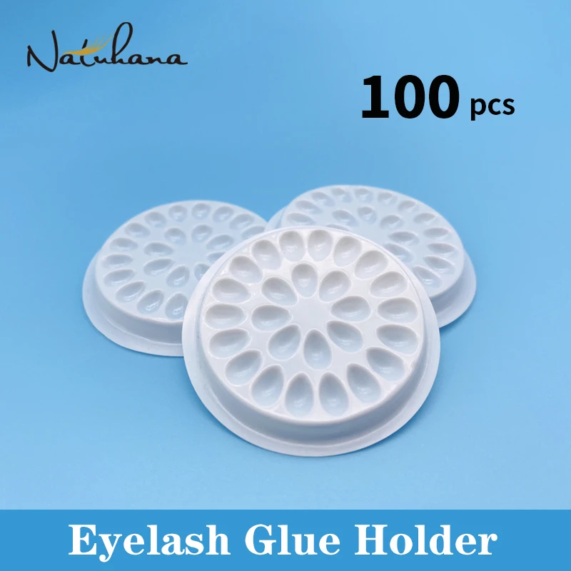 NATUHANA 100pcs Eyelash Plastic Glue Holder Glue Gasket Adhesive Pallet Eyelash Extension Glue Pads Flower Shape Pad Makeup Tool