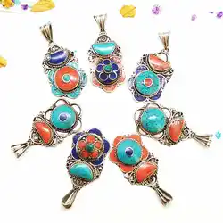 2022 New Handmade Vintage Flower Pendants Copper Inlaid Colorful Stone Tibetan Jewelry TBP608