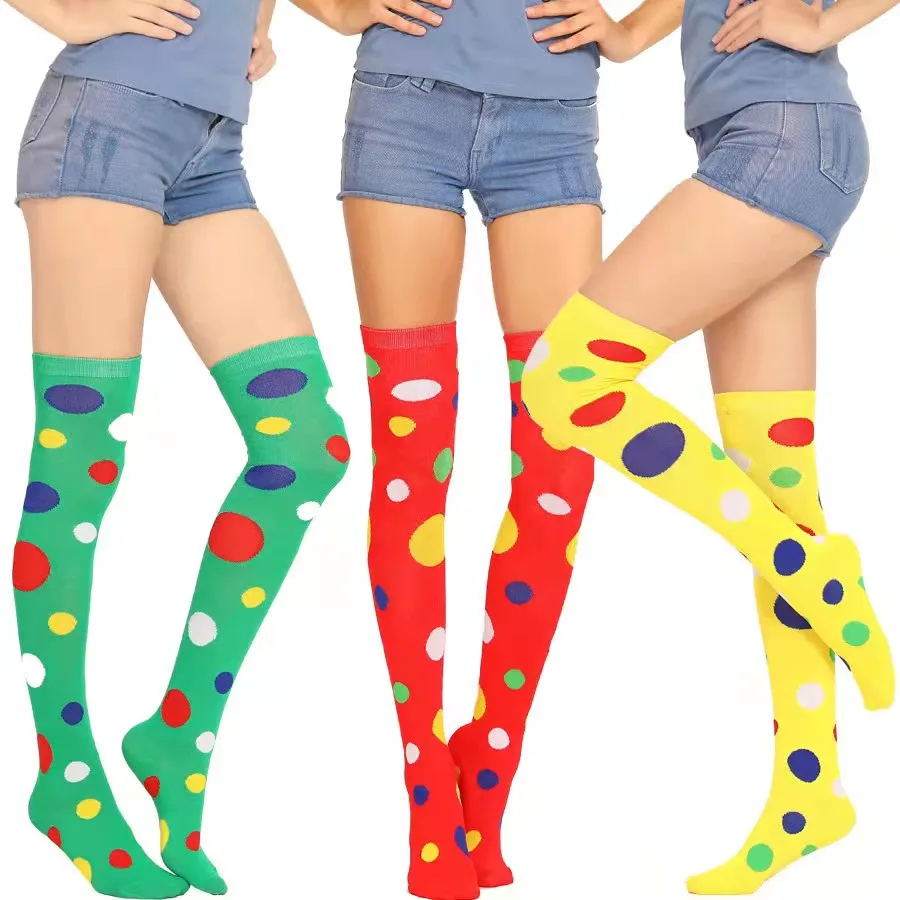 New Women Girls Clown Cosplay Long Socks Fun Colorful Irregular Polka Dot Printed Over Knee Girl's Thigh High Stockings