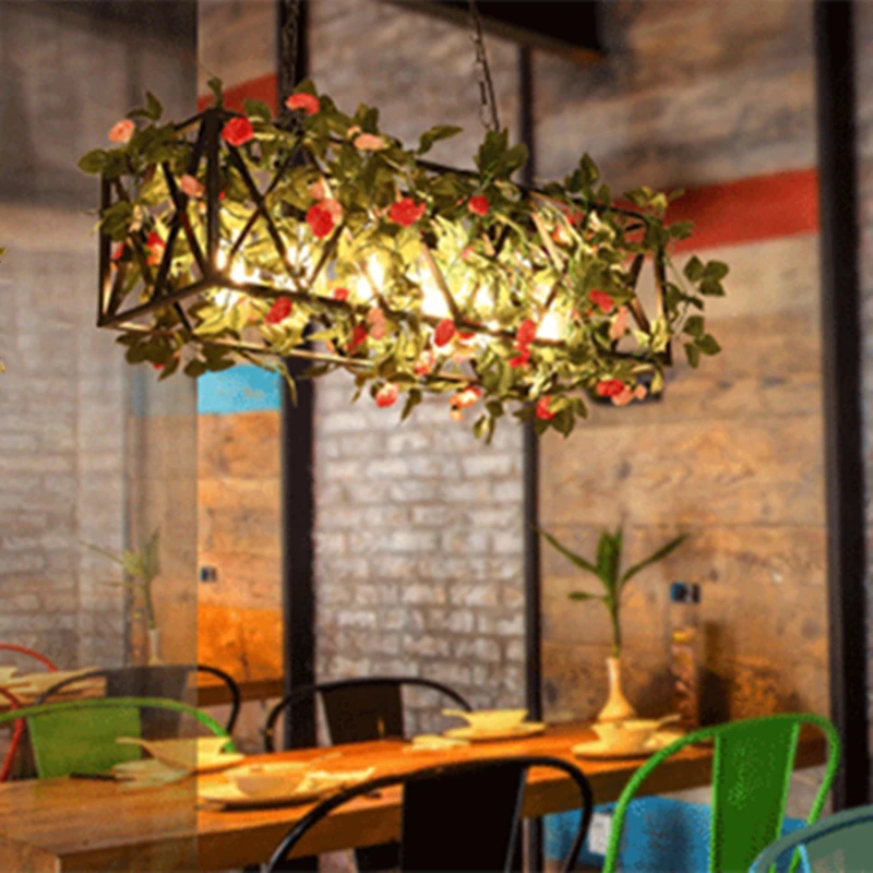 Industrial Style Decorative Rectangular Simulation Rose Chandelier For Music Restaurant Bar Flower Pendant Lamp Hot Sale